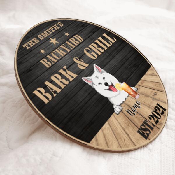 Dog Backyard Bar & Grill Sign, Backyard Home Wreath Black Background, Personalized Dog Breed Door Sign