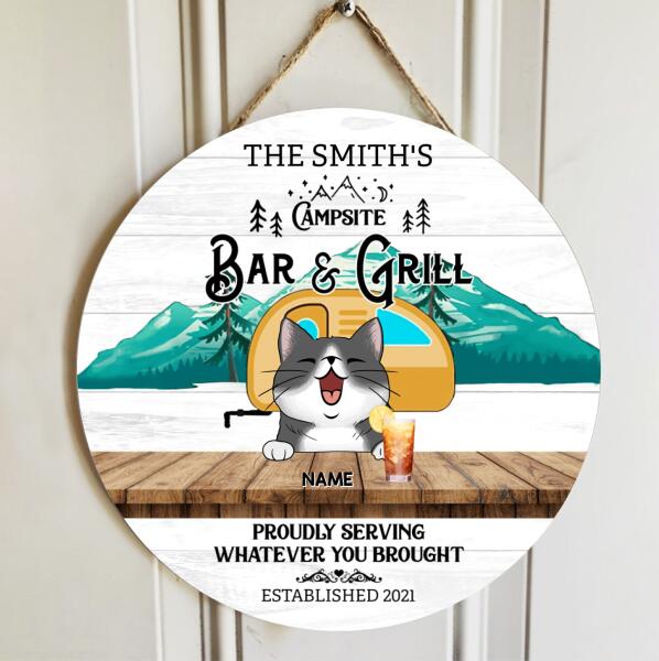 Campsite Bar & Grill, Proudly Serving Whatever You Brought, Green Mountain & Yellow Camping Bus, Personalized Cat Breeds Door Sign