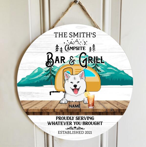Campsite Bar & Grill, Proudly Serving Whatever You Brought, Green Mountain & Yellow Camping Bus, Personalized Dog Breeds Door Sign