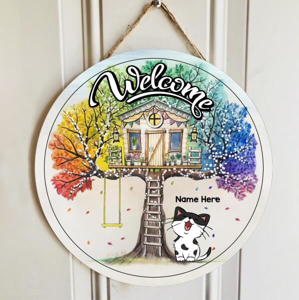Welcome - Treehouse With Swings - Personalized Cat Door Sign