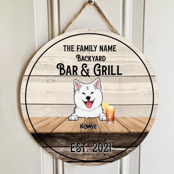 Backyard Bar & Grill, Wooden Theme, Dog Lovers Gifts, Personalized Dog Breeds Door Sign