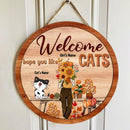 Welcome Hope You Like Cats - Girls and Cats With Fall Flowers - Personalized Cat Autumn Door Sign