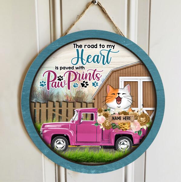 The Road To My Heart - Cats On Pink Truck - Personalized Cat Door Sign