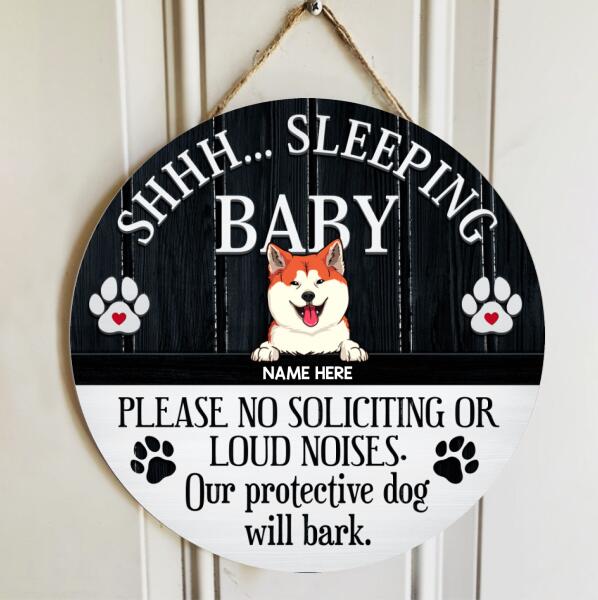 Please No Soliciting Or Loud Noises, Baby Sleeping Rustic Wreath, Personalized Background Color & Dog Breeds Door Sign