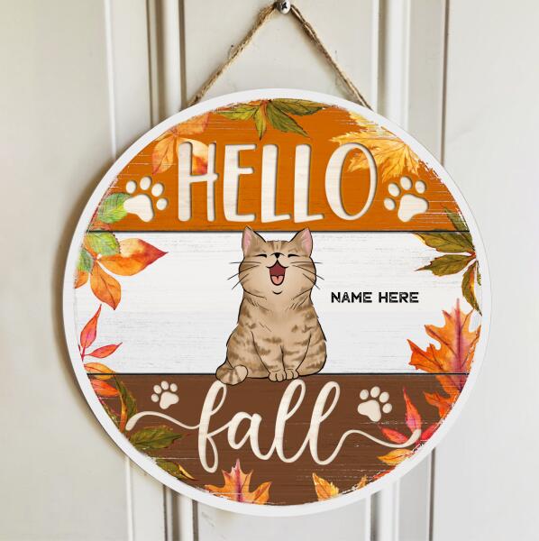 Hello Fall - Autumn Maple Leaves Decoration - Personalized Cat Fall Door Sign