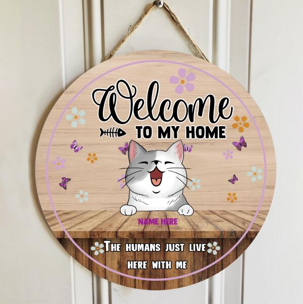 Welcome To Our Home - Purple Butterflies and Flowers - Personalized Cat Door Sign