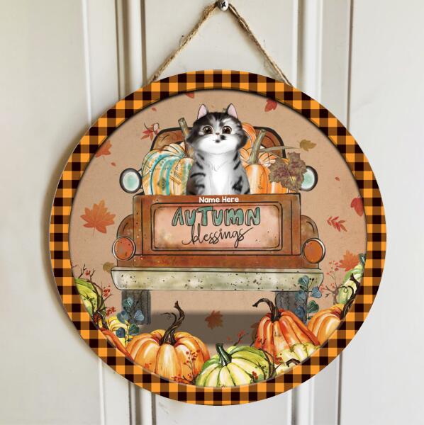 Autumn Blessings - Cats And Pumpkins On Truck - Personalized Cat Door Sign