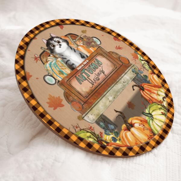 Autumn Blessings - Cats And Pumpkins On Truck - Personalized Cat Door Sign