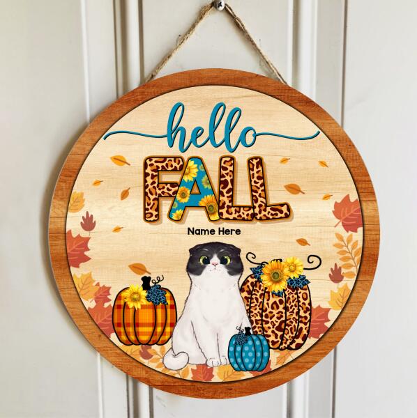Hello Fall - Leopard Print - Personalized Cat Autumn Door Sign