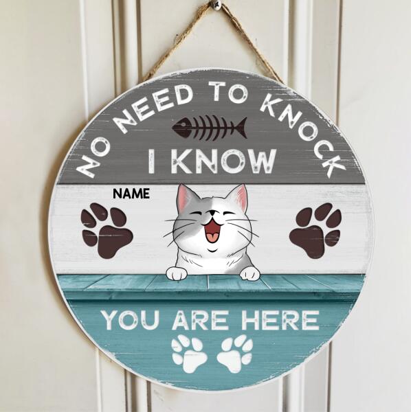 No Need To Knock We Know You Are Here, Blue Rustic Door Hanger, Personalized Cat Breeds Door Sign, Gifts For Cat Lovers