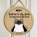 Welcome To Our Home - Cats Hiding Behind Curtain - Personalized Cat Door Sign
