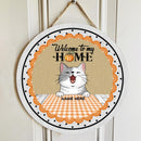 Welcome To Our Home - Orange Checkered Tablecloth - Personalized Cat Door Sign