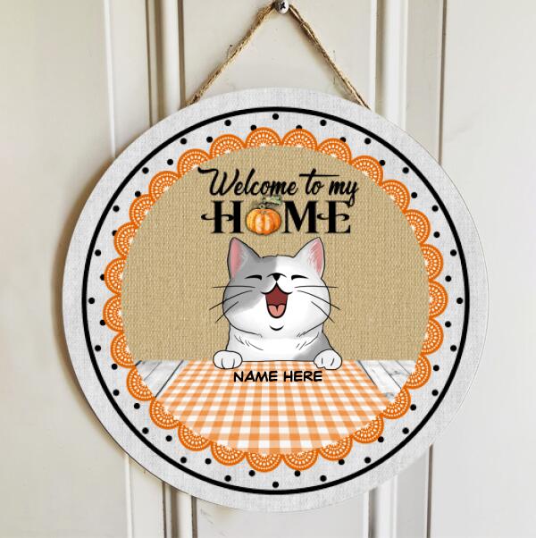 Welcome To Our Home - Orange Checkered Tablecloth - Personalized Cat Door Sign