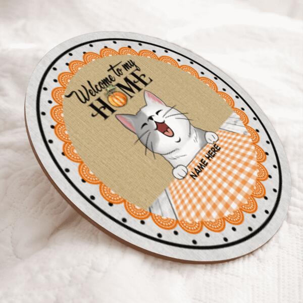 Welcome To Our Home - Orange Checkered Tablecloth - Personalized Cat Door Sign