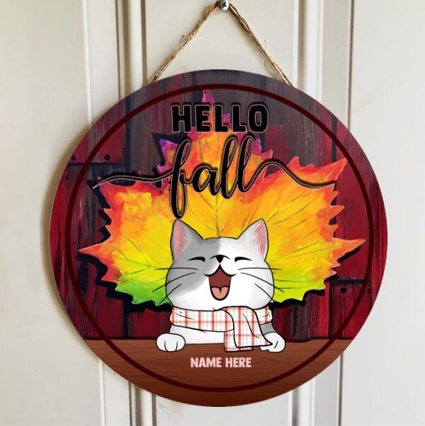 Hello Fall - Yellow Maple Leaves - Personalized Cat Door Sign