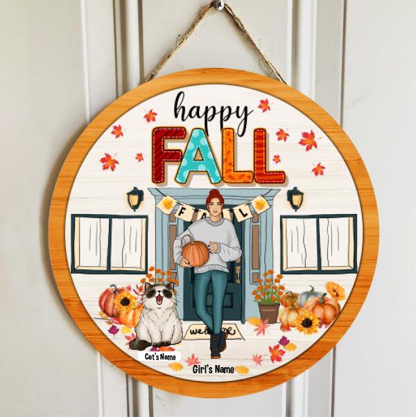 Happy Fall - Girls with Pumpkins and Cats - Personalized Cat Door Sign