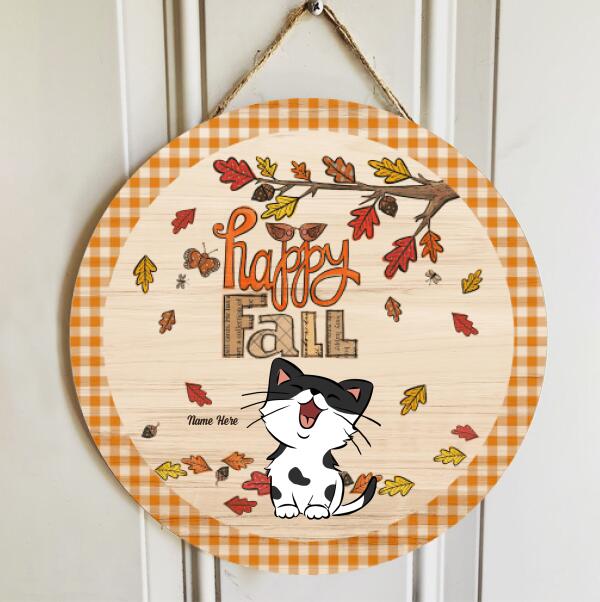 Happy Fall - Fallen Maple Leaves - Personalized Cat Autumn Door Sign