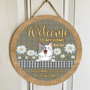 Welcome to Our Home - The Humans Just Live Here With Us - Plaid Table With Daisy - Personalized Cat Door Sign