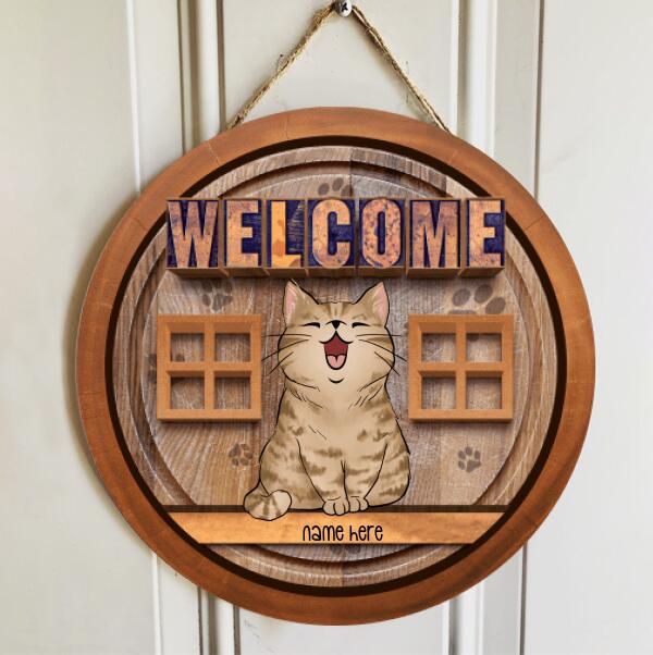 Welcome Chubby  Laughing  Cat Front Personalized Door  Sign