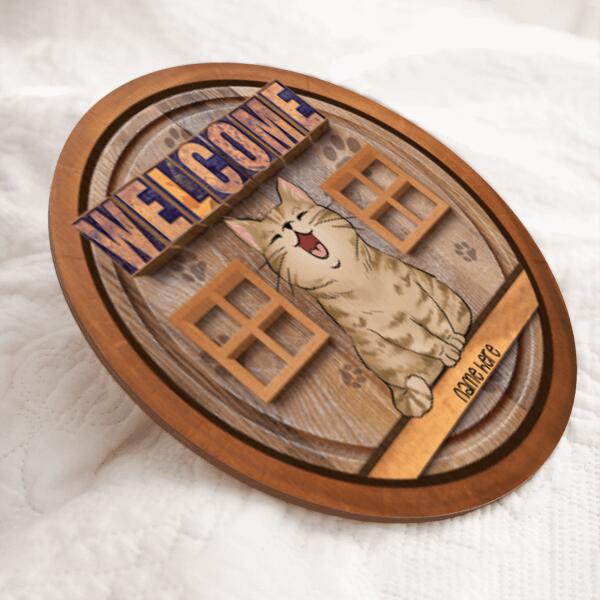 Welcome Chubby  Laughing  Cat Front Personalized Door  Sign
