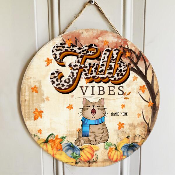 Fall Vibes - Leopard Print - Personalized Welcome Happy Cats Autumn Door Sign