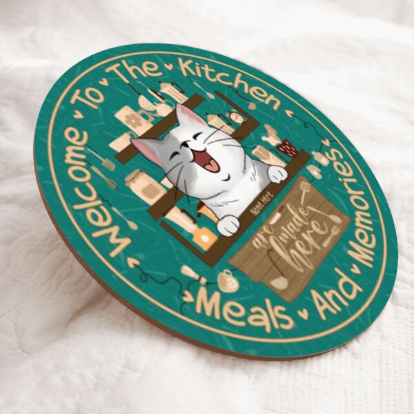 Welcome To Kitchen - Meal and Memories - Personalized Laughing Cat Door Sign