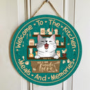 Welcome To Kitchen - Meal and Memories - Personalized Laughing Cat Door Sign