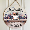 Welcome Hope You Like Cats - Purple Butterflies and Flowers - Personalized Cat Door Sign