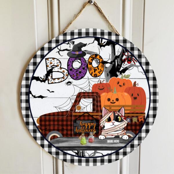 Boo Happy Halloween - Mummy Cats - Personalized Cat Door Sign