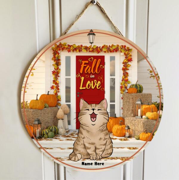 Fall In Love - Pumpkin Harvest Season - Personalized Cat Autumn Door Sign