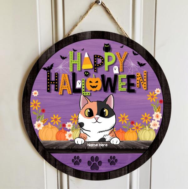 Happy Halloween - Flowers And Bats On Purple Door - Personalized Cat Door Sign