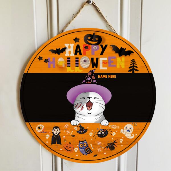 Happy Halloween - Cats Wear Witch Hat - Personalized Cat Door Sign