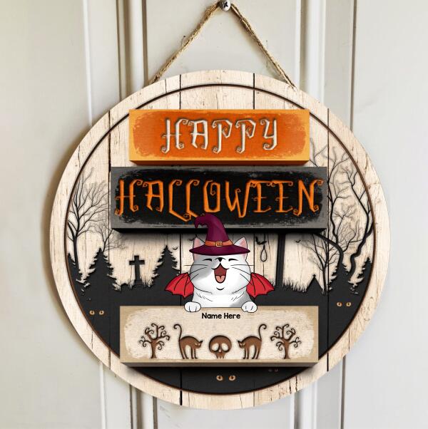 Happy Halloween - Funny Cats Wear Witch Hat - Personalized Cat Halloween Door Sign