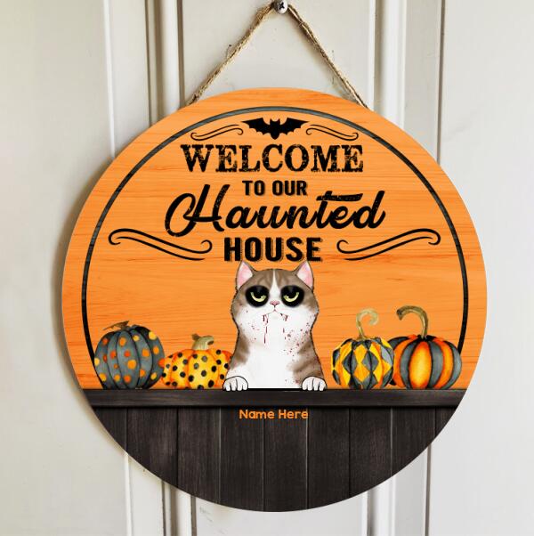 Welcome To Our Haunted House - Orange Color - Personalized Cat Halloween Door Sign