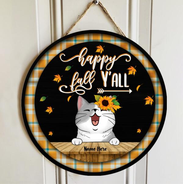 Happy Fall Y'all - Sunflower and Maple Leaves - Personalized Cat Autumn Door Sign