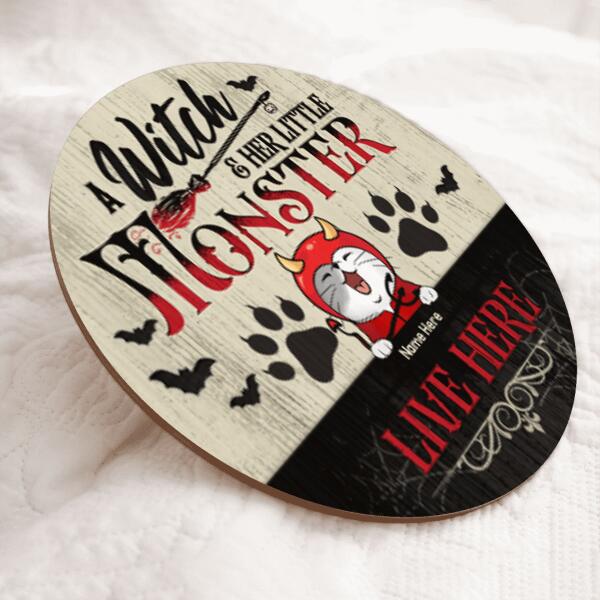 A Witch And Her Little Monsters Live Here - Halloween Costume - Personalized Cat Door Sign