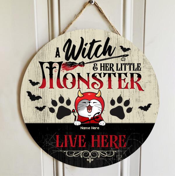 A Witch And Her Little Monsters Live Here - Halloween Costume - Personalized Cat Door Sign