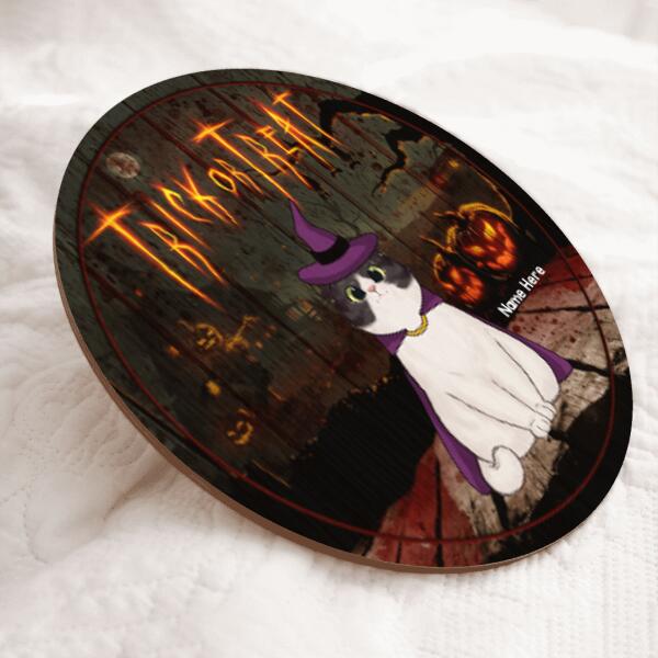 Trick Or Treat - Pumpkin Carving, Witch & Dracula Cloak, Devil Wings - Personalized Cat Halloween Door Sign