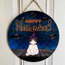 Happy Halloween - Spiderweb And Bat - Personalized Cat Halloween Door Sign