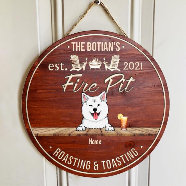 Fire Pit Roasting & Toasting, Custom Background Color Door Hanger, Personalized Dog Breeds Door Sign