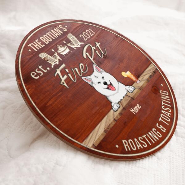 Fire Pit Roasting & Toasting, Custom Background Color Door Hanger, Personalized Dog Breeds Door Sign