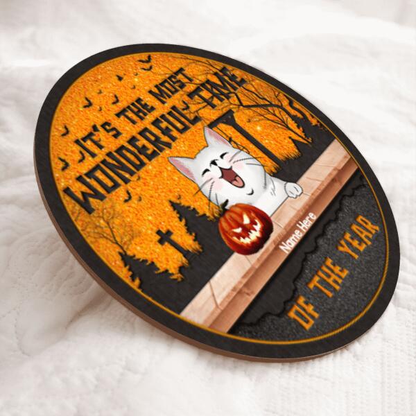 It's The Most Wonderful Time Of The Year - Orange Sky - Personalized Cat Halloween Door Sign