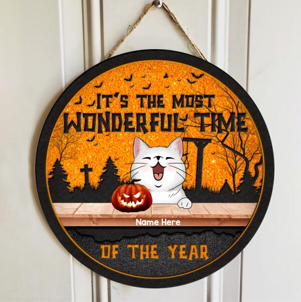 It's The Most Wonderful Time Of The Year - Orange Sky - Personalized Cat Halloween Door Sign