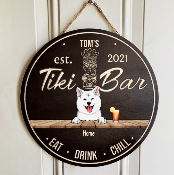 Tiki Bar Eat Drink Chill, Custom Background Color Door Hanger, Personalized Dog Breeds Door Sign, Bar Decor