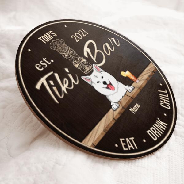 Tiki Bar Eat Drink Chill, Custom Background Color Door Hanger, Personalized Dog Breeds Door Sign, Bar Decor