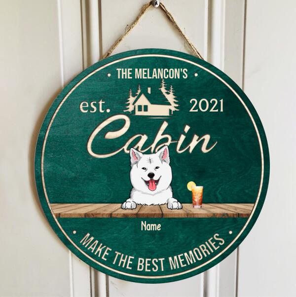 Cabin Make The Best Memories, Custom Background Color Door Hanger, Personalized Family Name & Dog Breeds Door Sign