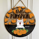 Hello Pumpkin - Pumpkin Background - Personalized Cat Autumn Door Sign