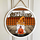 Trick Or Treat - Yellow Witch Hat - Orange Plaid - Personalized Cat Halloween Door Sign