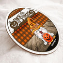 Trick Or Treat - Yellow Witch Hat - Orange Plaid - Personalized Cat Halloween Door Sign