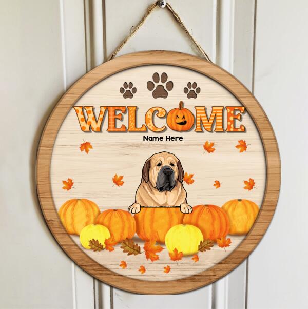 Welcome - Pumpkins and Maple Leaves - Personalized Dog Autumn Door Sign